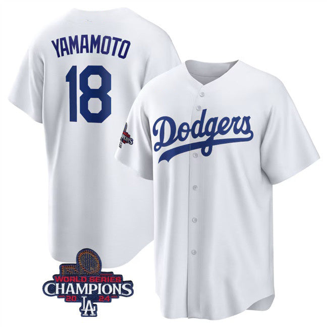 Los Angeles Dodgers #18 Yoshinobu Yamamoto White Puhics 2024 World Series Champions Cool Base Stitched Jersey