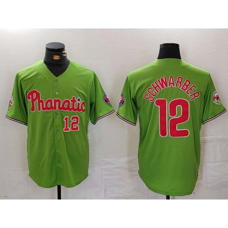 Philadelphia Phillies #12 Kyle Schwarber Number Green Puhics With Patch Stitched Cool Base Jersey