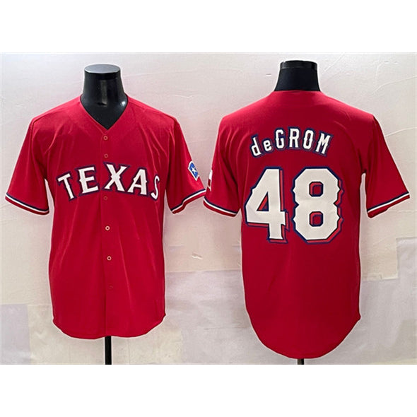 Texas Rangers #48 Jacob deGrom Red Puhics With Patch Cool Base Stitched Jersey