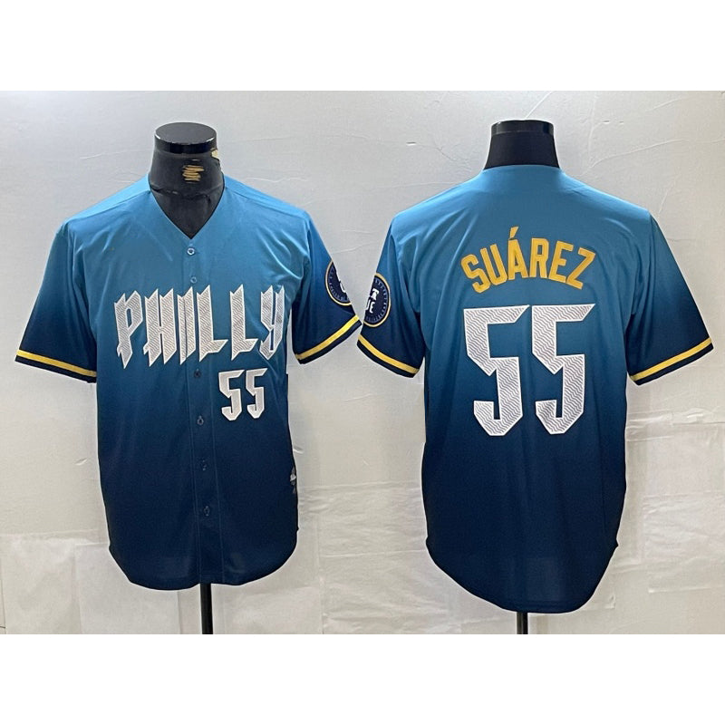Philadelphia Phillies #55 Ranger Suarez Blue Puhics 2024 City Player Number Cool Base Jersey 2