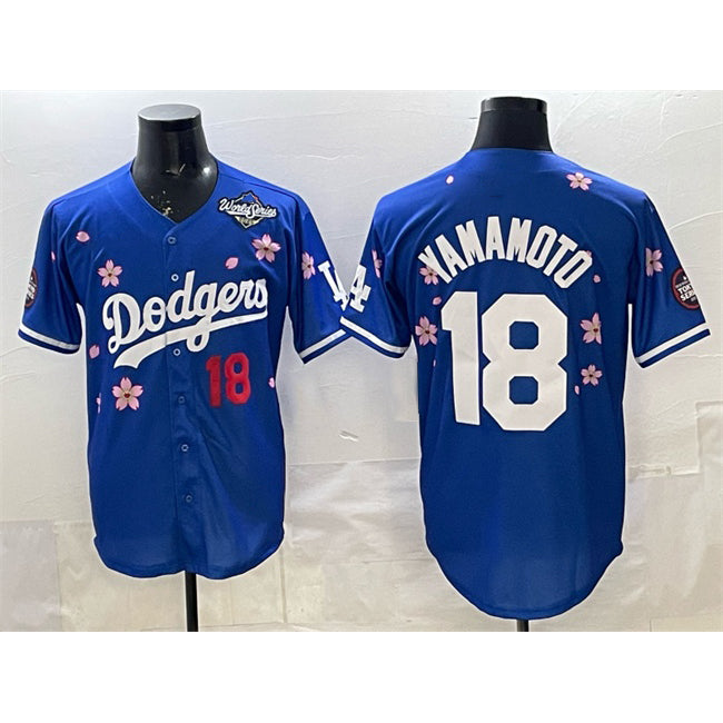 Los Angeles Dodgers #18 Yoshinobu Yamamoto Royal Puhics 2025 World Series Patch Tokyo Series Limited Stitched Jersey