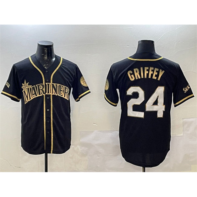 Seattle Mariners #24 Ken Griffey Jr. Black Gold Puhics Cool Base Stitched Jersey