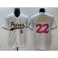 San Diego Padres #22 Juan Soto White Puhics Pinstripe 2023 City Connect Cool Base Stitched Jersey