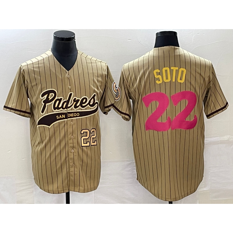 San Diego Padres #22 Juan Soto Number Tan Puhics Pinstripe 2023 City Connect Cool Base Stitched Jersey