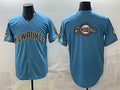 Milwaukee Brewers Team Big Logo Blue Puhics With Home & Bob Uecker Patch Stitched Jersey