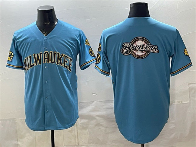 Milwaukee Brewers Team Big Logo Blue Puhics With Home & Bob Uecker Patch Stitched Jersey