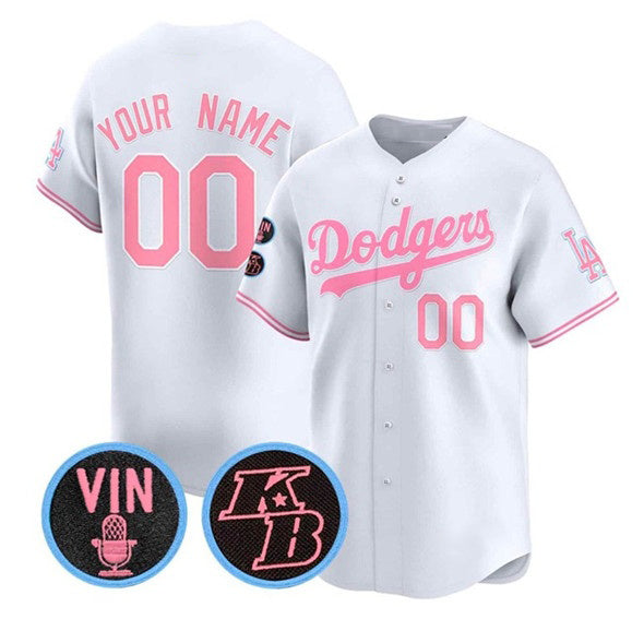 Custom Los Angeles Dodgers Active Player White Pink Puhics With Vin & Kobe Patch Limited Stitched Jersey