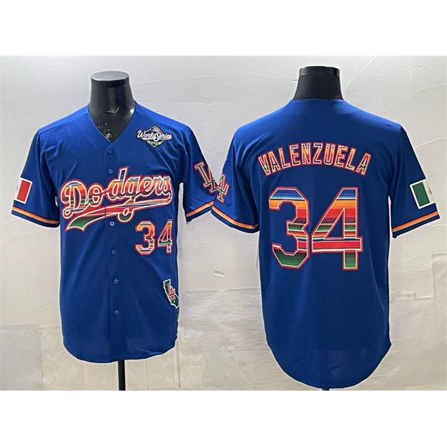Los Angeles Dodgers #34 Fernando Valenzuela Royal Puhics Mexico California Patch 2025 World Series Patch Stitched Jersey