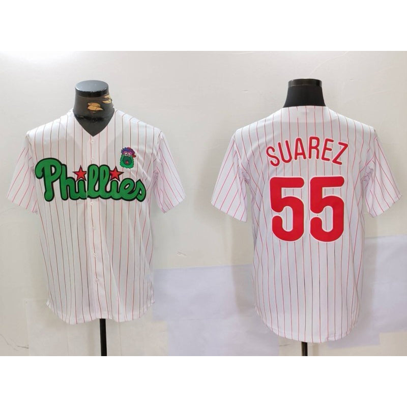 Philadelphia Phillies #55 Ranger Su¨¢rez White Green Puhics Cool Base Stitched Jersey 2