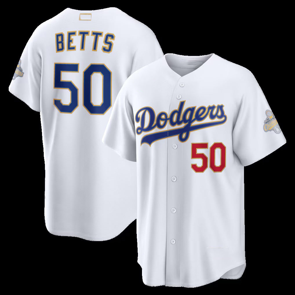 Los Angeles Dodgers #50 Mookie Betts White Puhics 2026 Gold Collection Stadium Jersey
