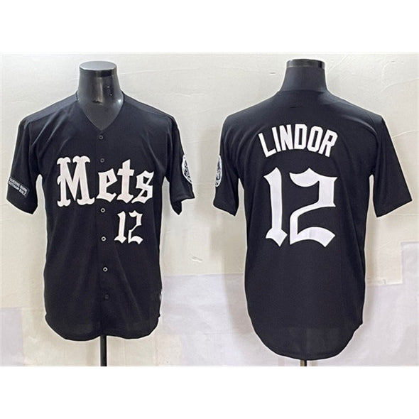 New York Mets #12 Francisco Lindor Black Puhics 'Gotham Gothic Edition' Vapor Premier Limited Stitched Jersey
