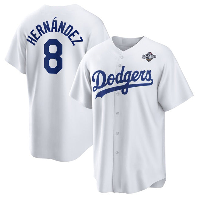 Los Angeles Dodgers #8 Enrique Hern¨¢ndez White Puhics 2025 World Series Home Cool Base Stitched Jersey