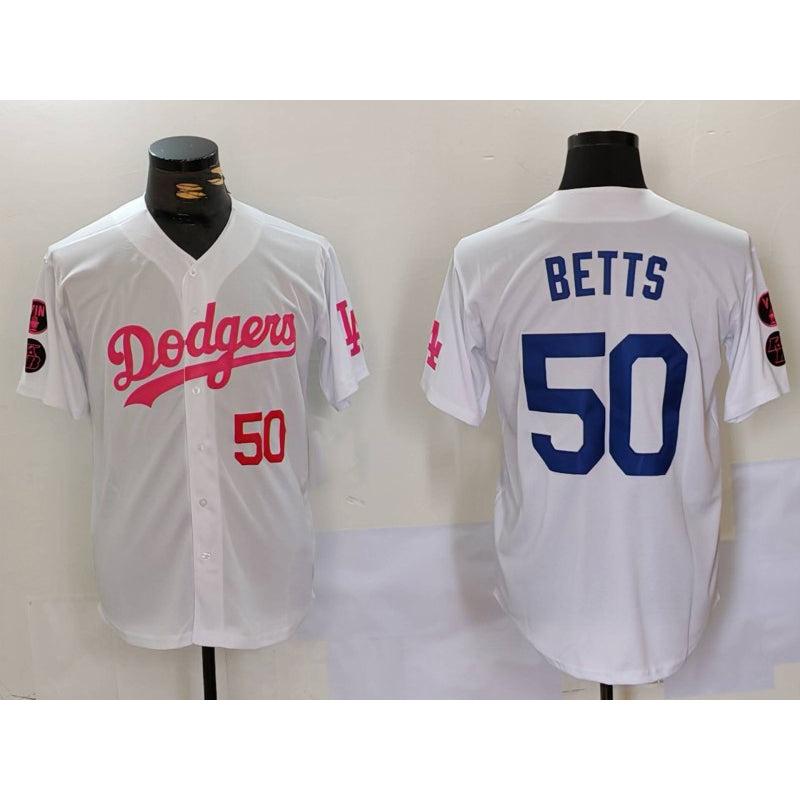 Los Angeles Dodgers #50 Mookie Betts White Pink Puhics Vin & Kobe Patch Stitched Jersey 2