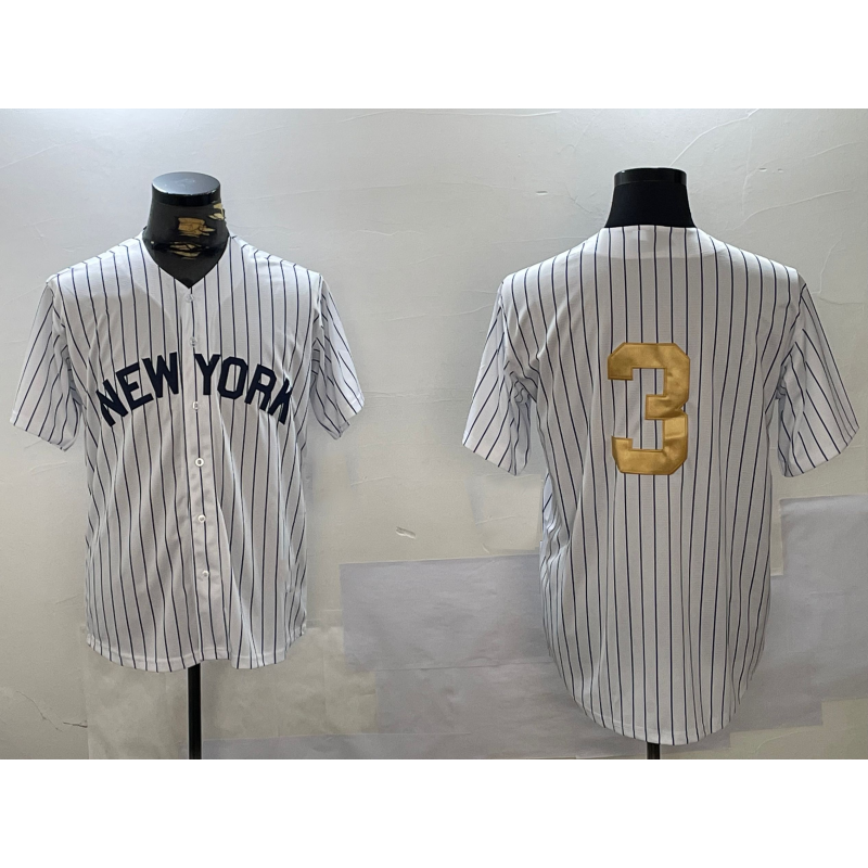 New York Yankees #3 Babe Ruth White Puhics Pinstripe Without Name Fashion Cool Base Jersey 2