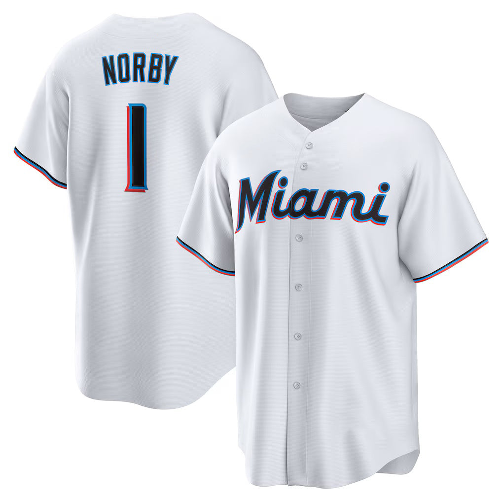 Miami Marlins #1 Connor Norby White Puhics Home Replica Jersey