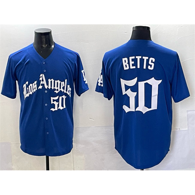 Los Angeles Dodgers #50 Mookie Betts Blue Puhics 2025 LA Gothic Style With Fernando Patch Vapor Premier Limited Stitched Jersey
