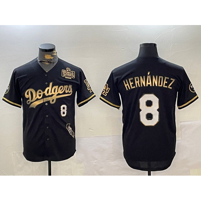Los Angeles Dodgers #8 Enrique Hern¨¢ndez Black Gold Puhics 2024 World Series With Vin & California Patch Vapor Premier Limited Stitched Jersey