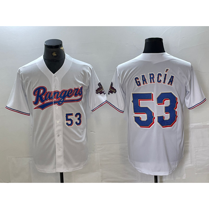 Texas Rangers #53 Adolis Garcia Number White Puhics 2023 World Series Champions Cool Base Jersey
