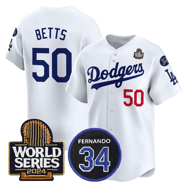 Los Angeles Dodgers #50 Mookie Betts White Puhics 2024 World Series With Fernando Memorial Patch Limited Stitched Jersey