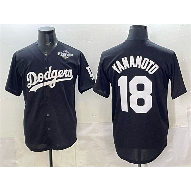 Los Angeles Dodgers #18 Yoshinobu Yamamoto Black Puhics 2025 World Series Patch Cool Base Stitched Jersey