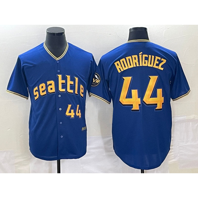 Seattle Mariners #44 Julio Rodriguez Number Blue Puhics 2023 City Connect Cool Base Stitched Jersey
