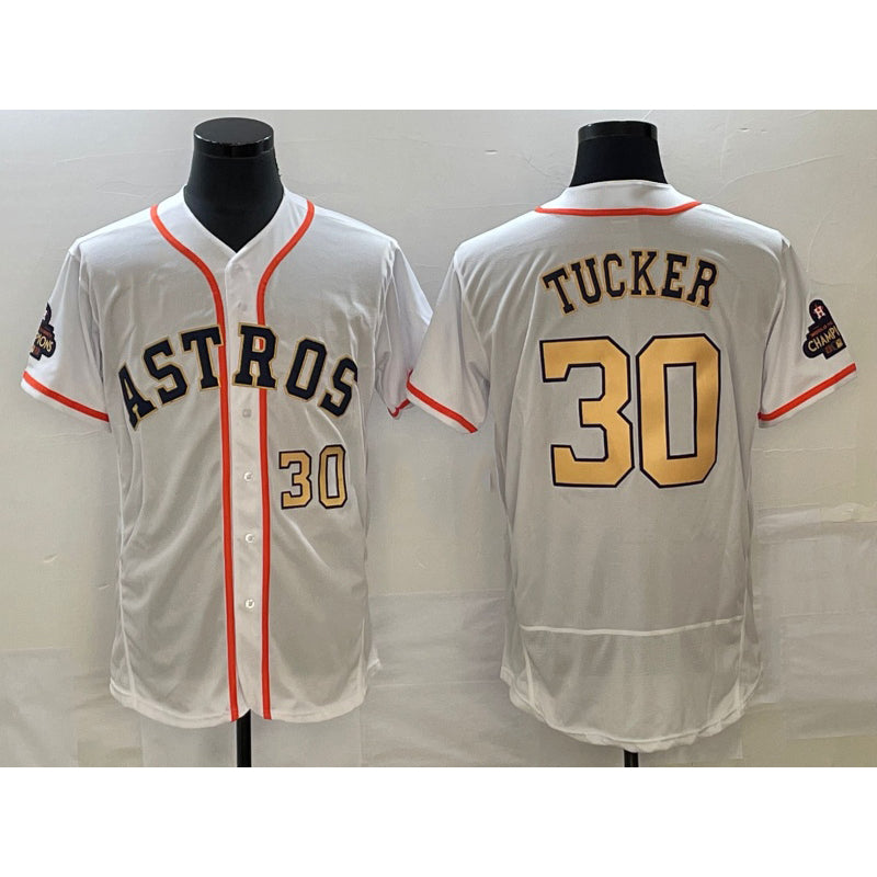 Houston Astros #30 Kyle Tucker Number 2023 White Gold Puhics World Serise Champions Patch Flex Base Stitched Jersey 2
