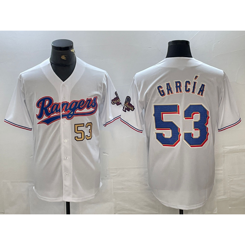 Texas Rangers #53 Adolis Garcia Number White Puhics 2023 World Series Champions Cool Base Jerseys