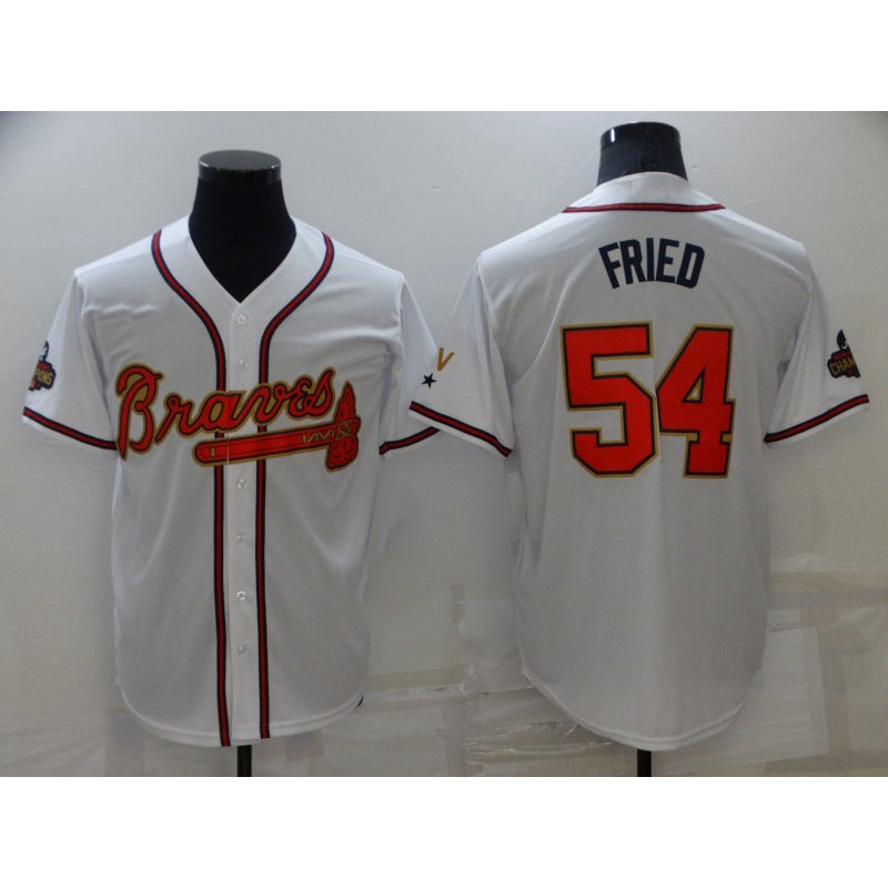 Atlanta Braves #54 Max Fried 2022 White Gold Puhics World Series Champions Program Cool Base Stitched Jersey