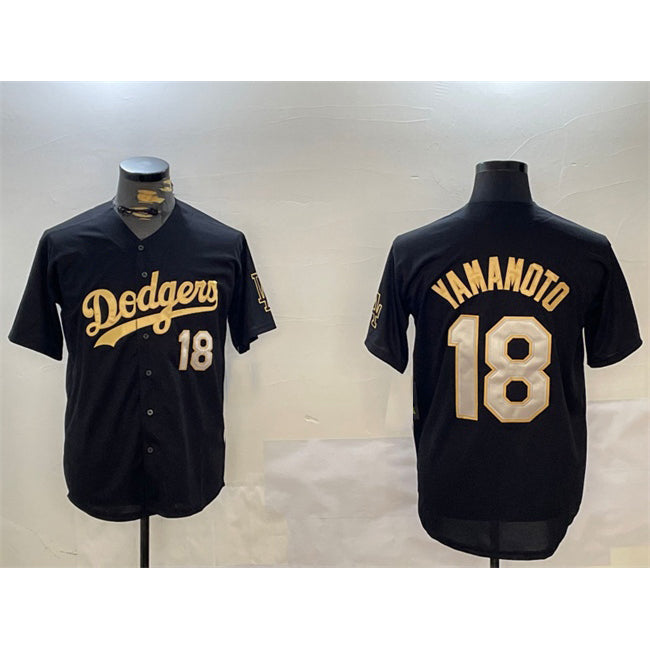 Los Angeles Dodgers #18 Yoshinobu Yamamoto Black Gold Puhics Limited Stitched Jersey