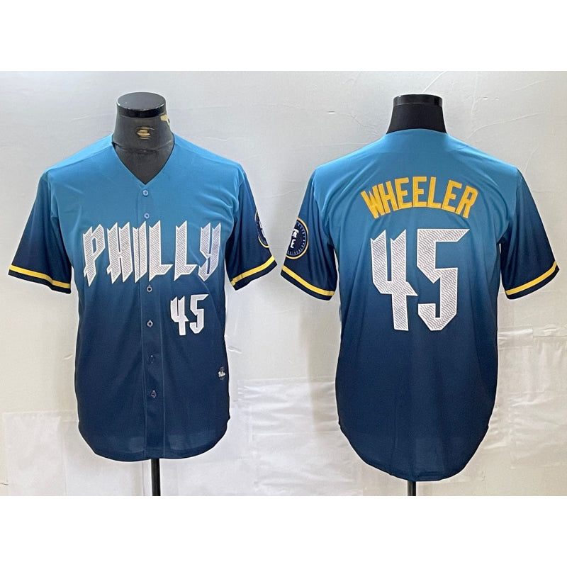 Philadelphia Phillies #45 Zack Wheeler Blue Puhics 2024 City Player Number Cool Base Stitched Jersey 2