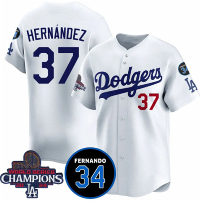 Los Angeles Dodgers #37 Teoscar Hernandez White Puhics 2024 World Series Champions With Fernando Memorial Patch Vapor Premier Home Limited Stitched Jersey