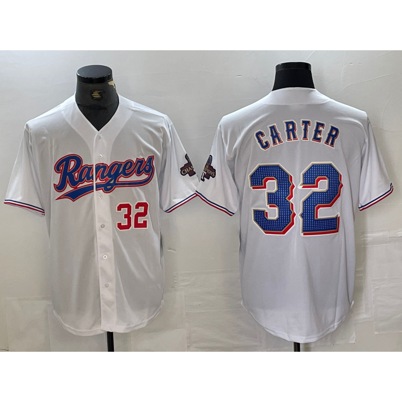 Texas Rangers #32 Evan Carter Number White Puhics 2023 World Series Champions Cool Base Jersey 2