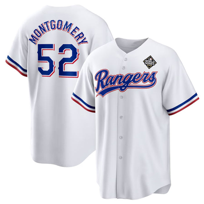 Texas Rangers #52 Jordan Montgomery White Puhics 2023 World Series Stitched Jersey