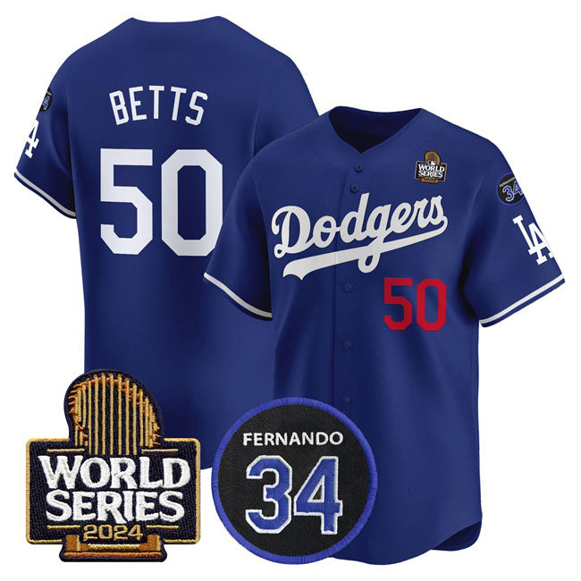 Los Angeles Dodgers #50 Mookie Betts Royal Puhics 2024 World Series With Fernando Memorial Patch Limited Stitched Jersey