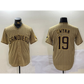 San Diego Padres #19 Tony Gwynn Khaki Puhics Team Logo Cool Base Jersey 2