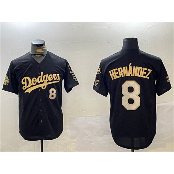 Los Angeles Dodgers #8 Enrique Hern¨¢ndez Black Gold Puhics 2024 World Series With Fernando Memorial Patch Home Limited Stitched Jersey
