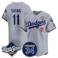 Los Angeles Dodgers #11 R¨­ki Sasaki Gray Puhics 2025 World Series With No. 34 Patch Limited Stitched Jersey