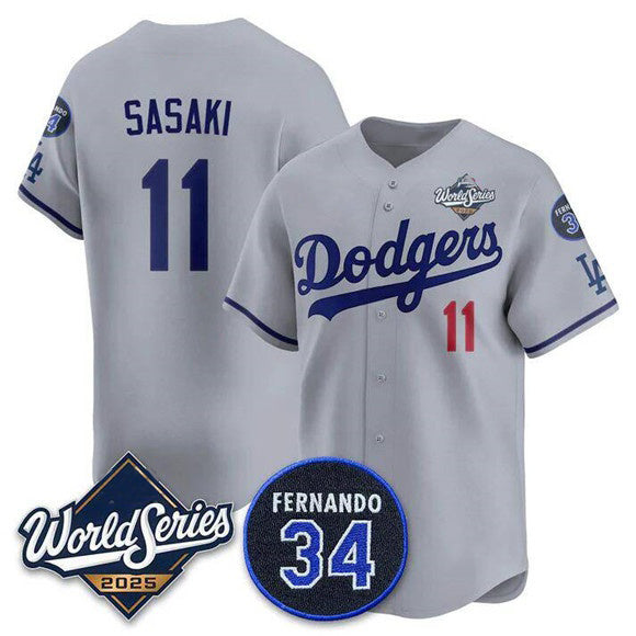 Los Angeles Dodgers #11 R¨­ki Sasaki Gray Puhics 2025 World Series With No. 34 Patch Limited Stitched Jersey