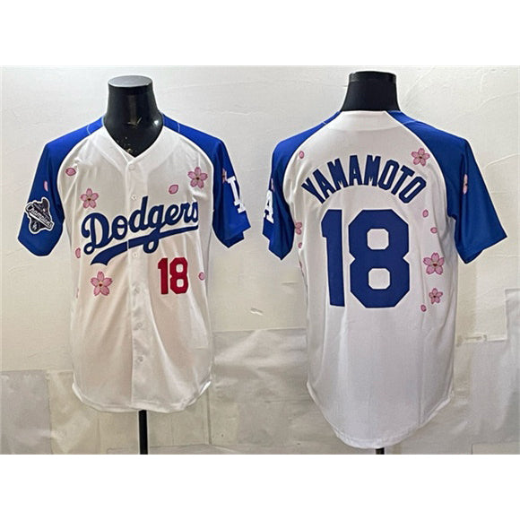 Los Angeles Dodgers #18 Yoshinobu Yamamoto White Royal Puhics 2025 World Series Champions Patch Tokyo Series Limited Stitched Jersey
