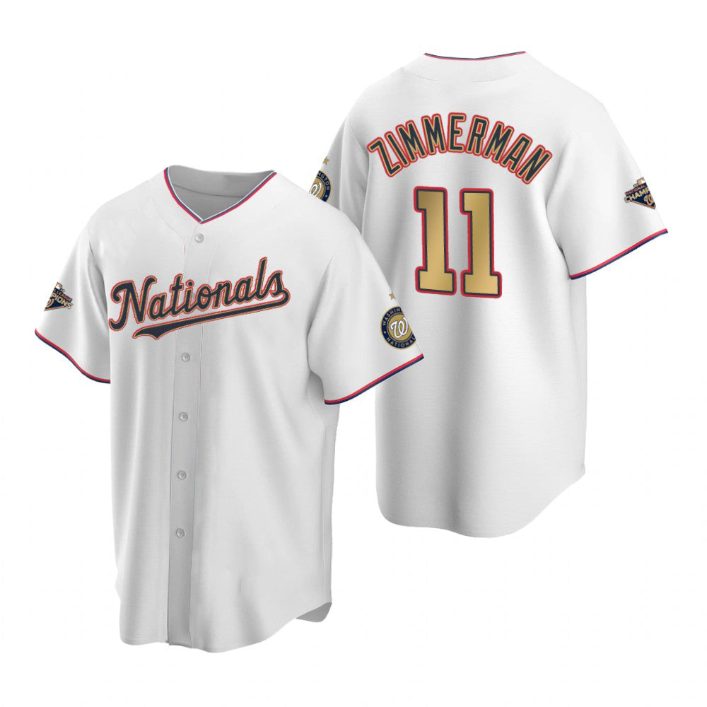 Washington Nationals #11 Ryan Zimmerman White Gold Puhics 2019 World Series Champions Stitched Cool Base Jersey
