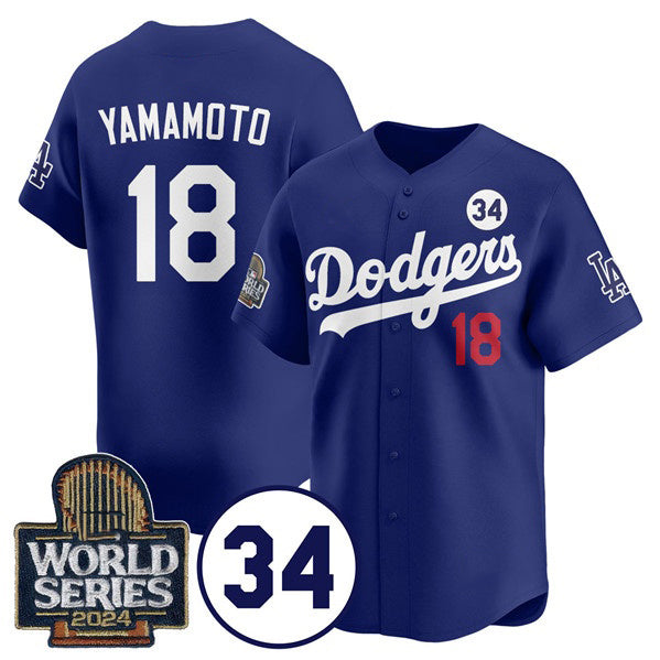 Los Angeles Dodgers #18 Yoshinobu Yamamoto Royal Puhics 2024 World Series With No. 34 Patch Cool Base Stitched Jersey