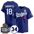 Los Angeles Dodgers #18 Yoshinobu Yamamoto Royal Puhics 2024 World Series With No. 34 Patch Cool Base Stitched Jersey
