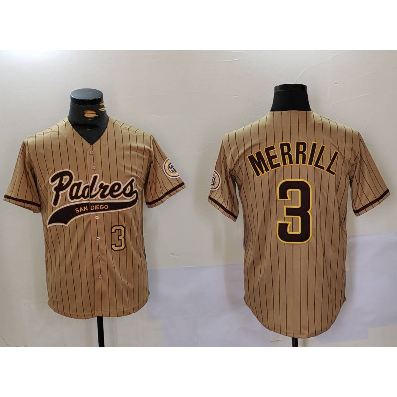 San Diego Padres #3 Jackson Merrill Tan Puhics 2023 Cool Base Stitched Jerseys