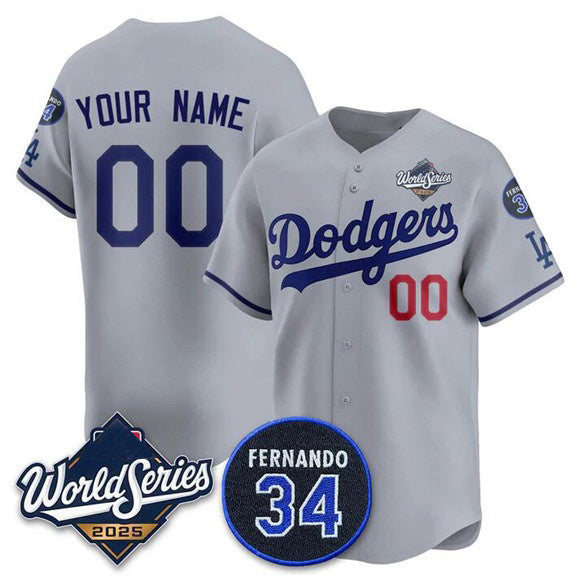 Custom Los Angeles Dodgers ACTIVE PLAYER Gray Puhics 2025 World Series With No. 34 Patch Limited Stitched Jersey