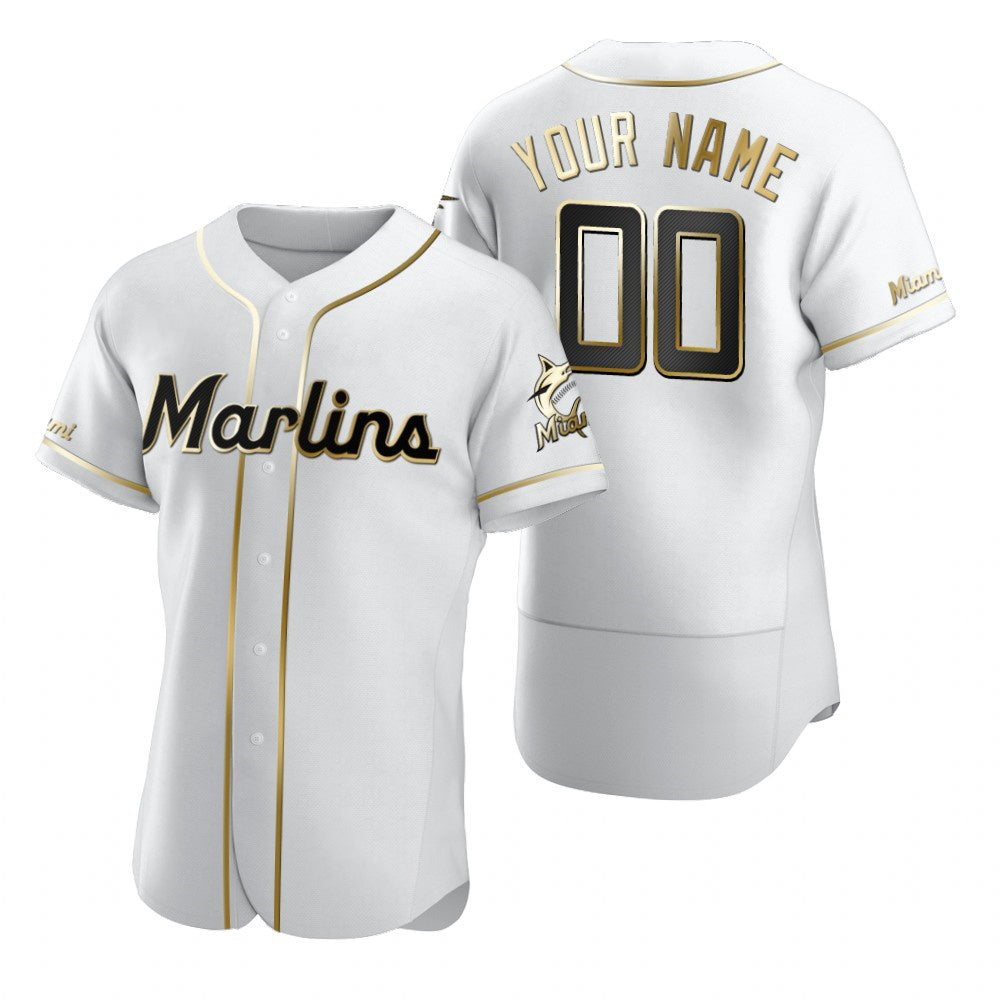 Custom Miami Marlins White Puhics Stitched Flex Base Golden Edition Jersey