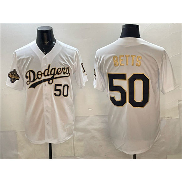 Los Angeles Dodgers #50 Mookie Betts White Gold Puhics 2025 World Series Champions Patch Limited Stitched Jersey