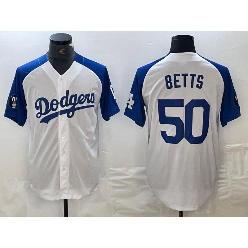 Los Angeles Dodgers #50 Mookie Betts White Blue Puhics Fashion Stitched Cool Base Limited Jerseys