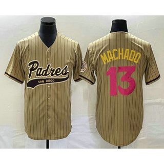 San Diego Padres #13 Manny Machado Tan Puhics Pinstripe 2023 City Connect Cool Base Stitched Jersey 2