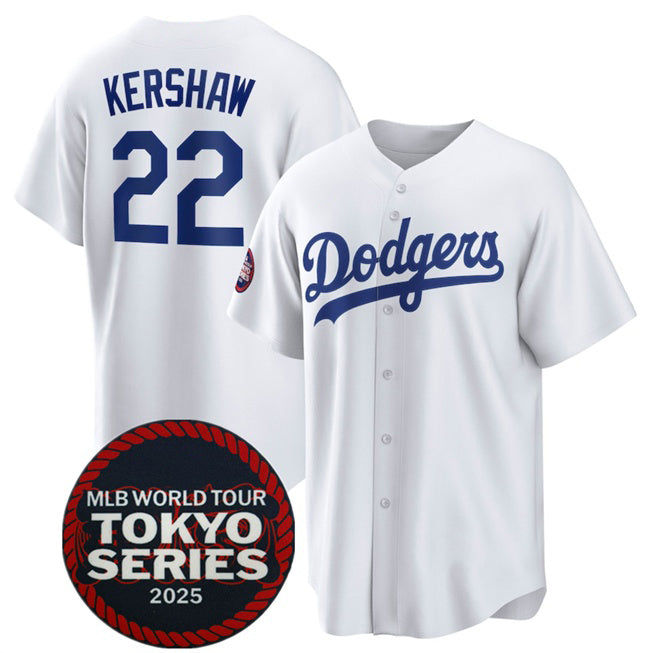 Los Angeles Dodgers #22 Clayton Kershaw White Puhics 2025 World Tour Tokyo Series Home Stitched Jersey