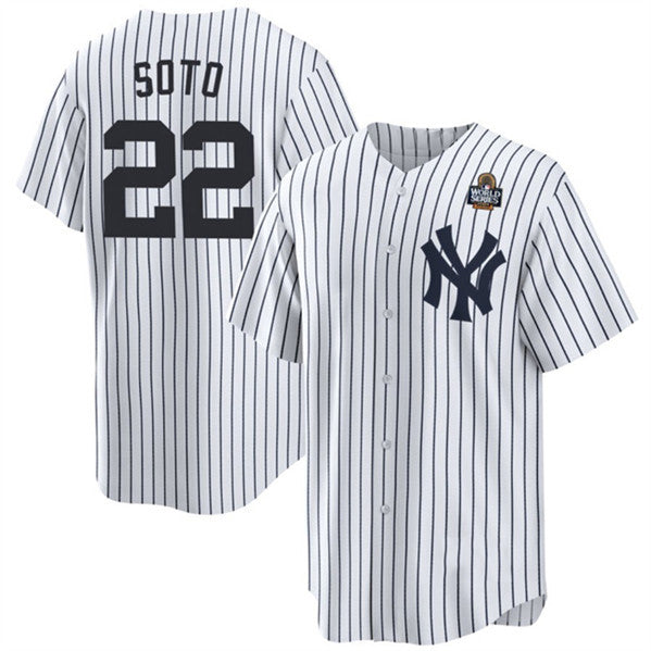 New York Yankees #22 Juan Soto White Puhics 2024 World Series With Name Cool Base Stitched Jersey